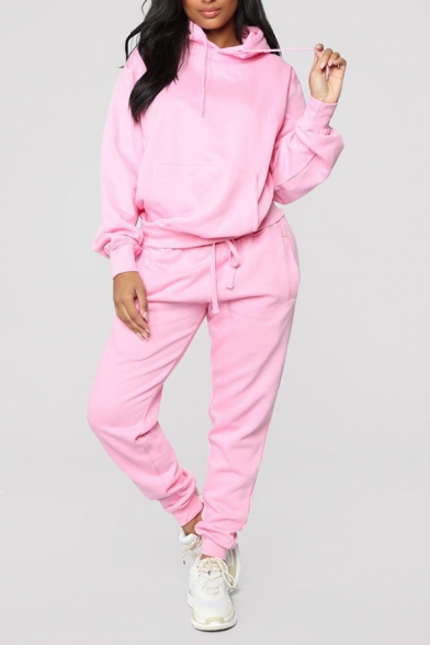 Simple Style Long Sleeve Loose Hoodie with Sweatpants Whole Colored Two Piece Sport Set