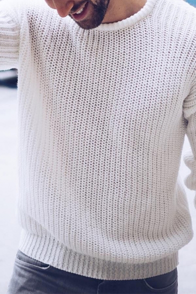 Simple Style Men's Plain Long Sleeve Round Neck Basic Pullover Knitted Sweater