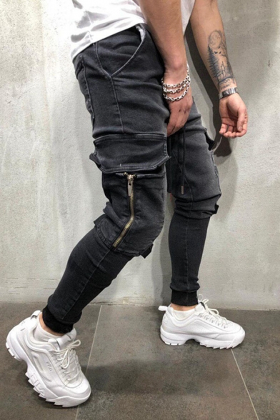 Stylish Drawstring Waist Zipper Embellished Pocket Side Plain Ankle Banded Pants Jeans