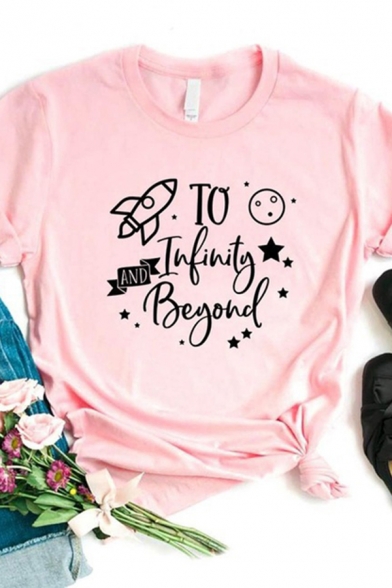Stylish Letter TO INFINITY AND BEYOND Printed Short Sleeve Crewneck Graphic T-Shirt