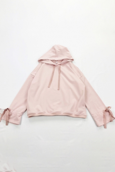 

Sweet Style Bow-Tie Cuff Long Sleeve Loose Plain Drawstring Hoodie, Pink;white, LM578236