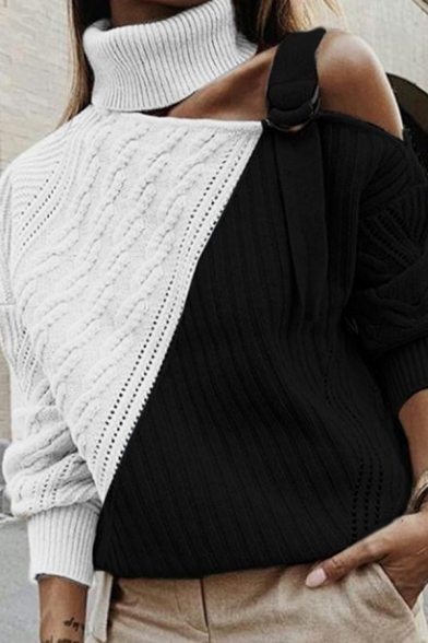 Trendy Ladies' Long Sleeve Turtleneck Buckle Strap Cut Out Hollow Knit Contrasted Relaxed Pullover Sweater Top