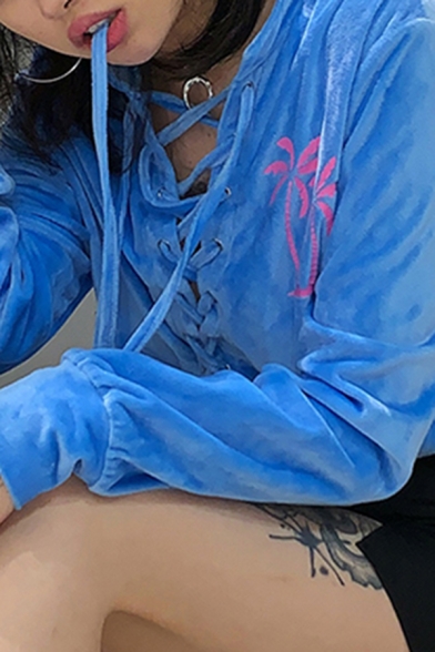 Unique Coconut Tree Printed Long Sleeve Lace-Up Front Blue Loose Velvet Sweatshirt