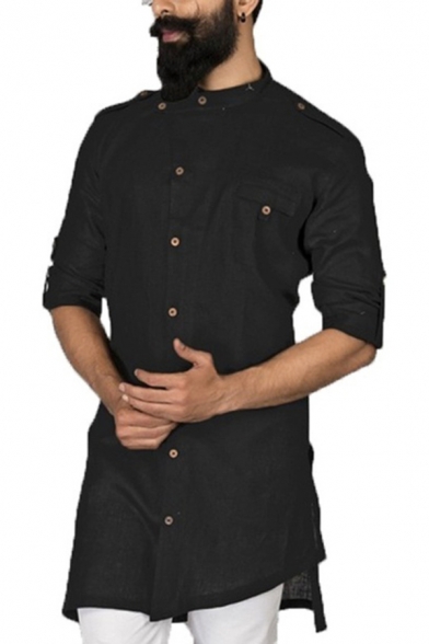Unique Plain Long Sleeve Button Placket Asymmetric Hem Relaxed Longline Shirt