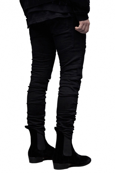 Unique Pleated Crumple Detail Ripped Patchwork Skinny Fit Streetwear Jeans
