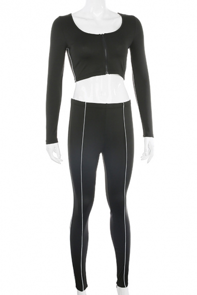 Unique Reflective Stripe Patch Long Sleeve Zip-Up Cropped Top with Pants Two Piece Co-ords
