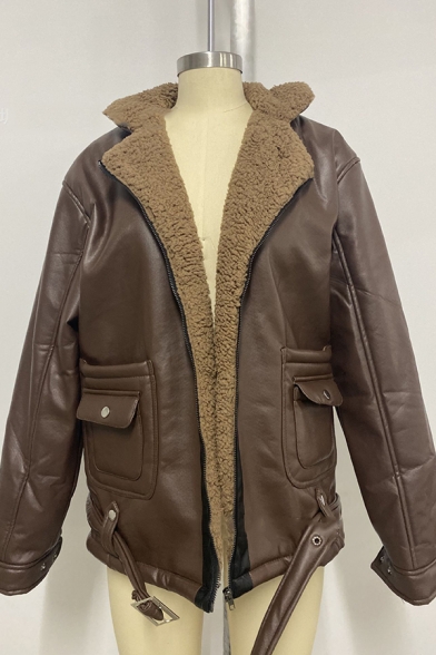 Vintage Sherpa Lined Notched Collar Long Sleeve Belted Hem Faux Leather Jacket for Men