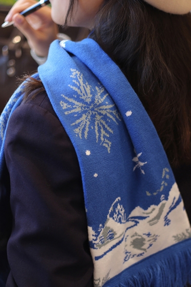 Winter Fashion Snowflake Pattern Tassel Hem Blue Scarf 150*18cm