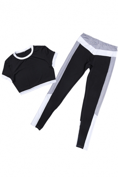 Womens Leisure Color Block Panel Short Sleeve Cropped Top with Skinny Pants Sports Co-ords