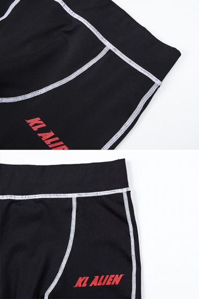 Black Unique Contrast Stitching Design KL ALIEN Letter Print One Shoulder Short Sleeve Crop Tee & Pants Co-ords