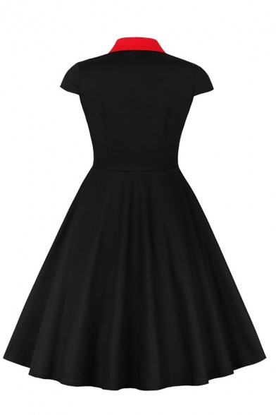 Black Unique Formal Short Sleeve Lapel Collar Button Down Contrasted Midi Pleated Flared Evening Party Dress for Ladies