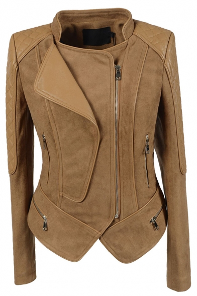 Camel Fashion Long Sleeve Exaggerate Collar Zipper Front Leather Patched Asymmetric Slim Fit Jacket for Female