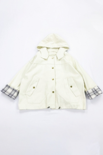 Casual Cool Girls' Long Sleeve Hooded Button Down Pockets Side Plaid Print Patched Baggy Jacket