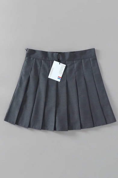 Casual Fancy High Waist Zipper Side Plain Mini Pleated A-Line Skirt for Girls
