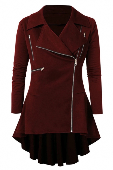 Chic Female Long Sleeve Notch Collar Zipper Embellished Plain Fitted Pleated Skirt Coat