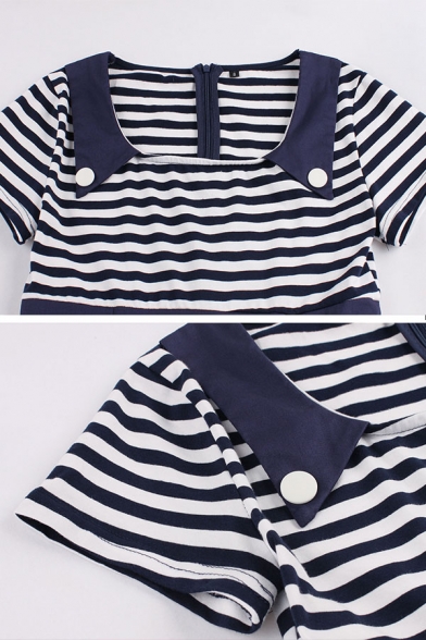 Chic Girls' Short Sleeve Button-Down Collar Stripe Pattern Patched Zipper Back Button Embellished Mid Flared Pleated Dress
