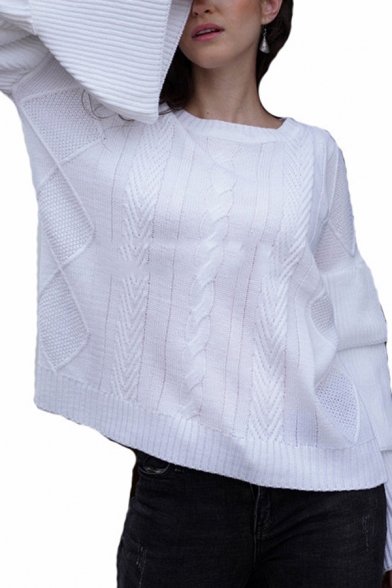 Chic Ladies' Tiered Sleeve Boat Neck Geo Print Cable Knit Baggy Pullover Sweater Top in White