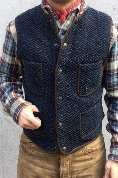 Classic Herringbone Pattern Multi Pockets Sleeveless Button Down Knitted Vest for Men