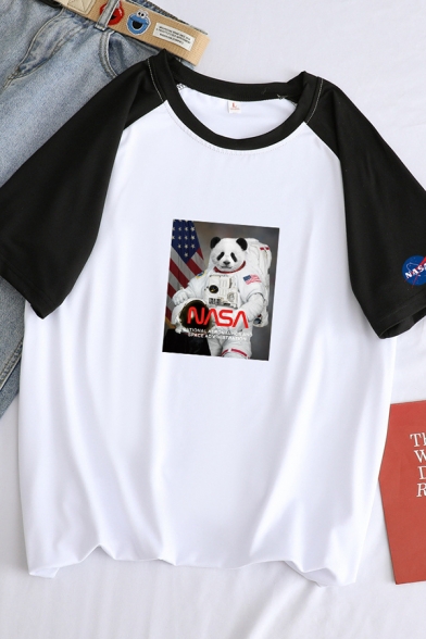 Classic NASA Letter Panda Astronaut Pattern Colorblocked Short Sleeve Loose Tee