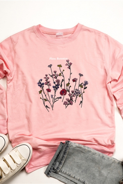 Colorful Flower Printed Long Sleeve Round Neck Loose Fit Pullover Sweatshirt
