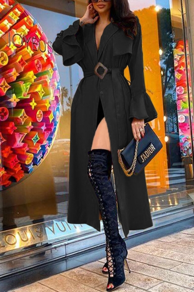Cool Elegant Women's Long Sleeve Shawl Collar Belted Button Front Ruffled Trim Slit Front Plain Fitted Long Trench Coat