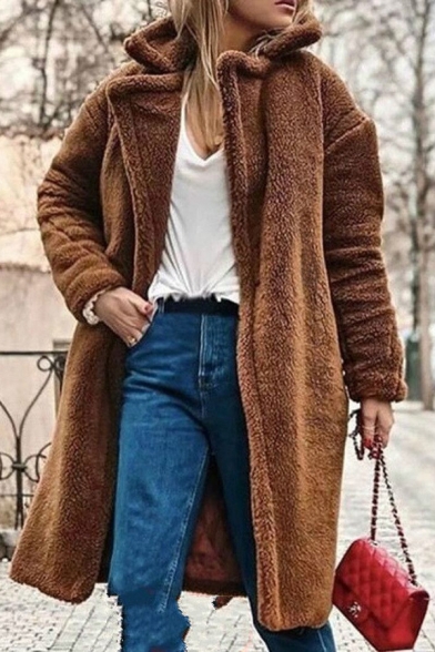 Cool Fashion Long Sleeve Notch Collar Sherpa Fleece Oversize Long Plain Open Front Coat for Women