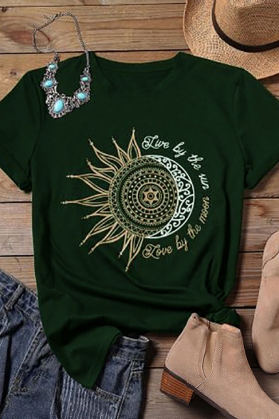 Cool Unique Roll Tab Sleeve Crew Neck Letter LIVE BY THE SUN LOVE BY THE MOON Sun and Moon Print Loose Tee for Girls