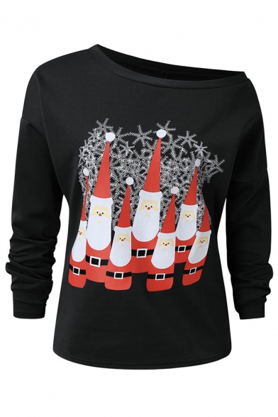 Cool Women Long Sleeve Drop Shoulder Santa Claus Snowflake Pattern Baggy Sweatshirt in Navy