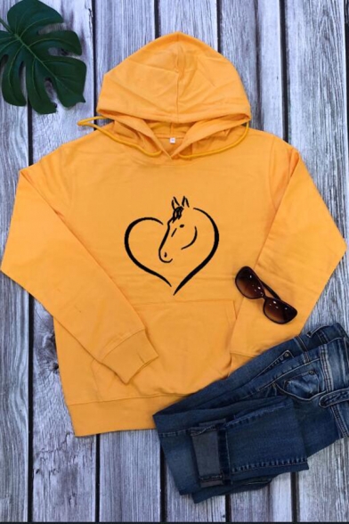 Creative Horse and Heart Pattern Long Sleeve Oversized Drawstring Hoodie for Women