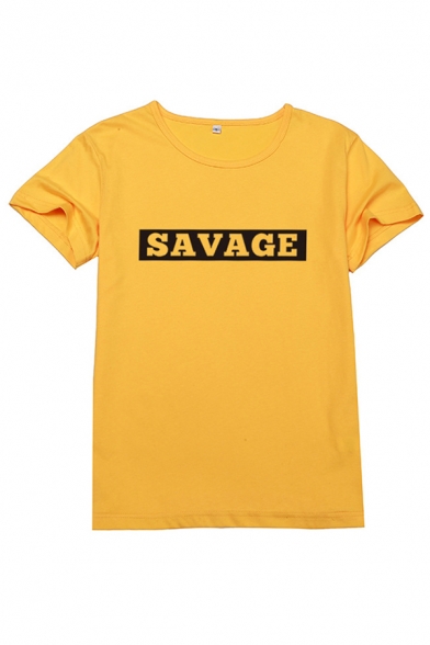Creative Square Letter SAVAGE Printed Short Sleeves Basic T-Shirt for Women
