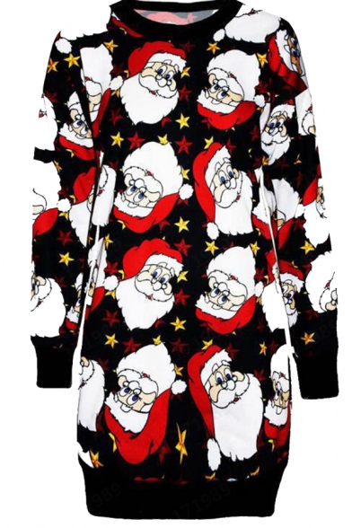 Cute Christmas Element Santa Hat Printed Long Sleeve Fitted Longline Pullover Sweatshirt