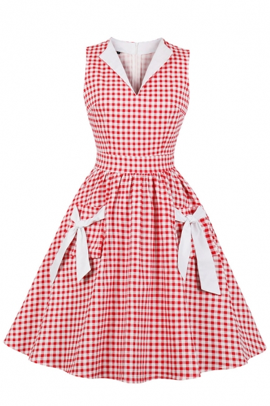 Cute Formal Sleeveless Turn Down Collar Plaid Printed Bow Tie Decoration Zip Back Midi Pleated Flared Dress for Women