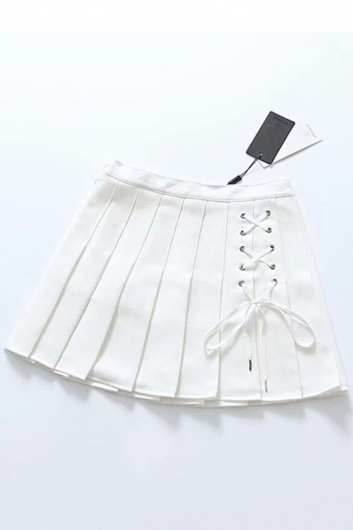 Cute Plain High Waist Lace Up Front Mini Pleated A-Line Skirt for Girls