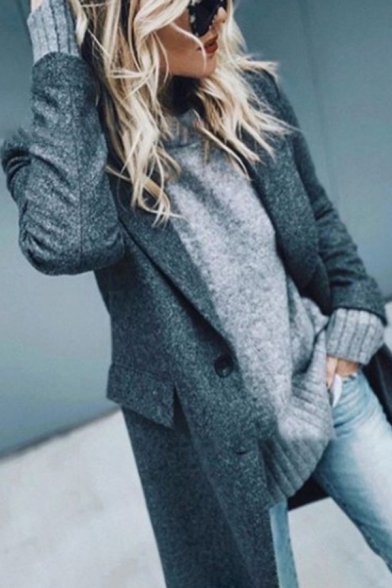 Dark Grey Fashion Long Sleeve Notch Lapel Neck Button Down Flap Pockets Midi Baggy Wool Coat for Women