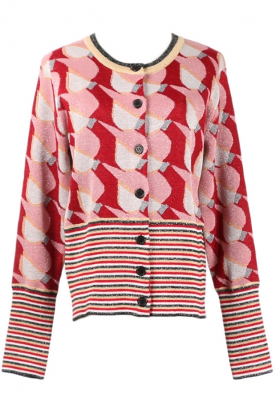 Elegant Ladies' Long Sleeve Crew Neck Button Down Abstract Pattern Stripe Patched Purl Knit Cardigan in Red