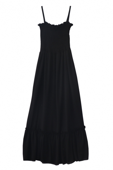 Elegant Women's Sleeveless Ruffled Trim Pleated Plain Maxi Relaxed A-Line Cami Dress