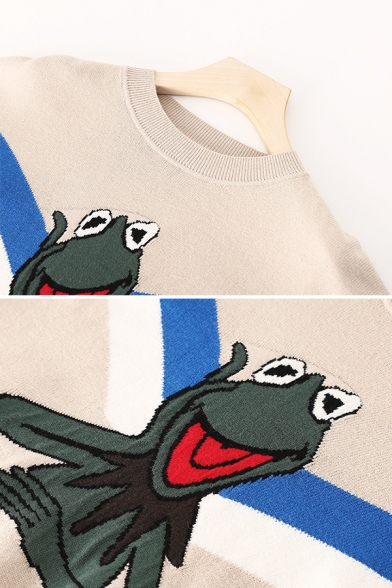 Fancy Cartoon Frog Chevron Striped Pattern Long Sleeve Round Neck Loose Knitted Sweater