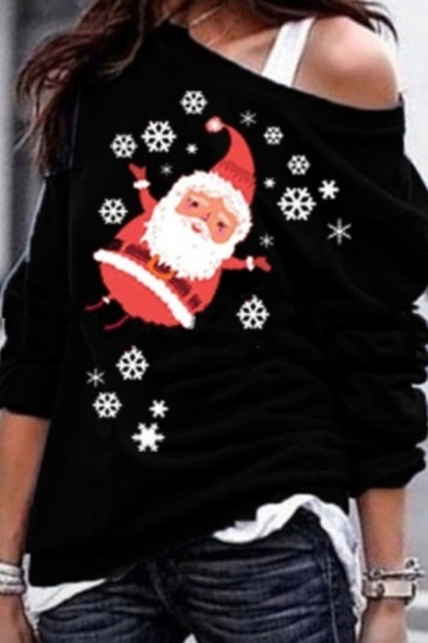 Fancy Girls' Long Sleeve Drop Shoulder Santa Claus Snow Pattern Loose Fit Pullover Christmas Sweatshirt