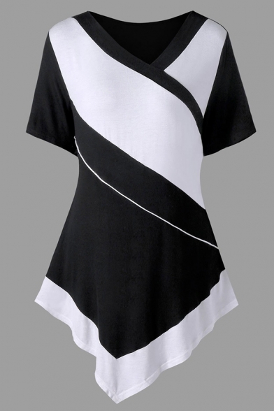 Fancy Women's Short Sleeve Surplice Neck Stripe Print Asymmetric Slim Fit Wrap Tee