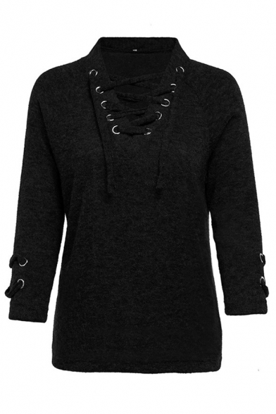 Fashion Women's Long Sleeve Deep V-Neck Lace Up Strap Detail Loose Fit Purl Knit Plain Pullover Sweater