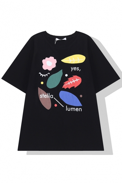 Fashion Women's Short Sleeve Crew Neck Letter STELLA LUMEN YES Mix Patterned Loose Fit Tee