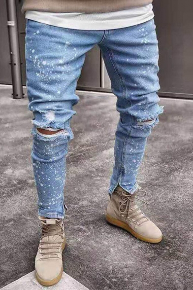 Fashionable Spray Paint Printed Zip Placket Skinny Fit Ripped Jeans in Light Blue