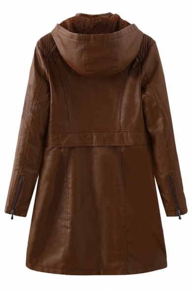 Female Cool Basic Long Sleeve Hooded Zipper Button Front Pockets Side Shearling Lined Baggy Midi Plain Leather Coat