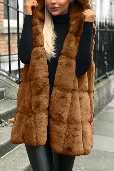 Female Fashion Thick Plain Sleeveless Hooded Baggy Midi Fluffy Fleece Vest