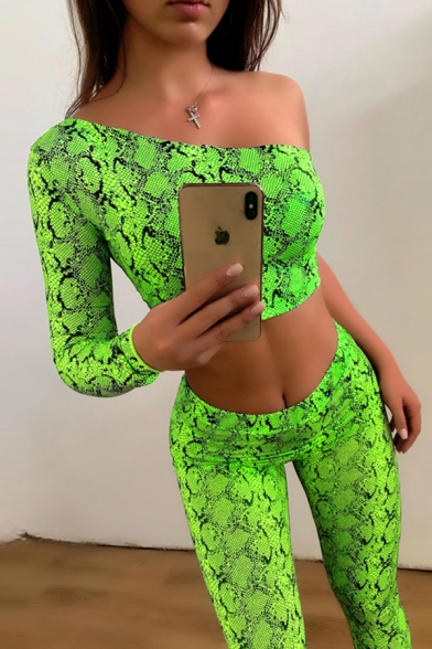Fluorescent Green Snakeskin Print One Shoulder Long Sleeve Crop Top Skinny Pants Co-ords