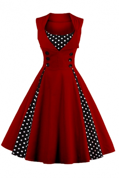 Formal Vintage Ladies' Sleeveless Lapel Collar Polka Dot Patched Double Breasted Long Pleated Flared Dress