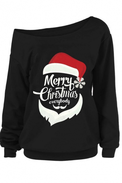 Funny Santa Claus Letter MERRY CHRISTMAS Print Long Sleeve One Shoulder Oversized Sweatshirt