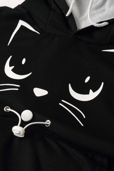 Girls' Cute Kawaii Long Sleeve Pompom Drawstring Kitty Cat Paw Print Large Pocket Baggy Cat Ear Hoodie