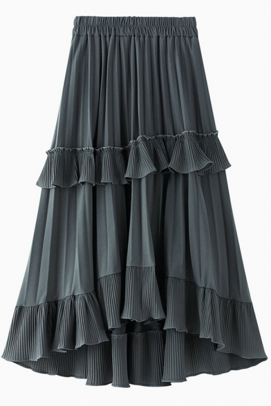 Glamorous Ladies' Elastic Waist Tiered Ruffle Trim Plain Long Pleated A-Line Skirt