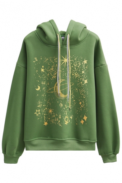 Green Fashion Long Sleeve Drawstring Starry Sky Printed Baggy Hoodie for Women